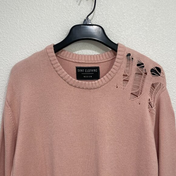 DVNT Pink Distressed Sweater, Crew Neck, Long Sleeve Knitted Sweater - Picture 6 of 8